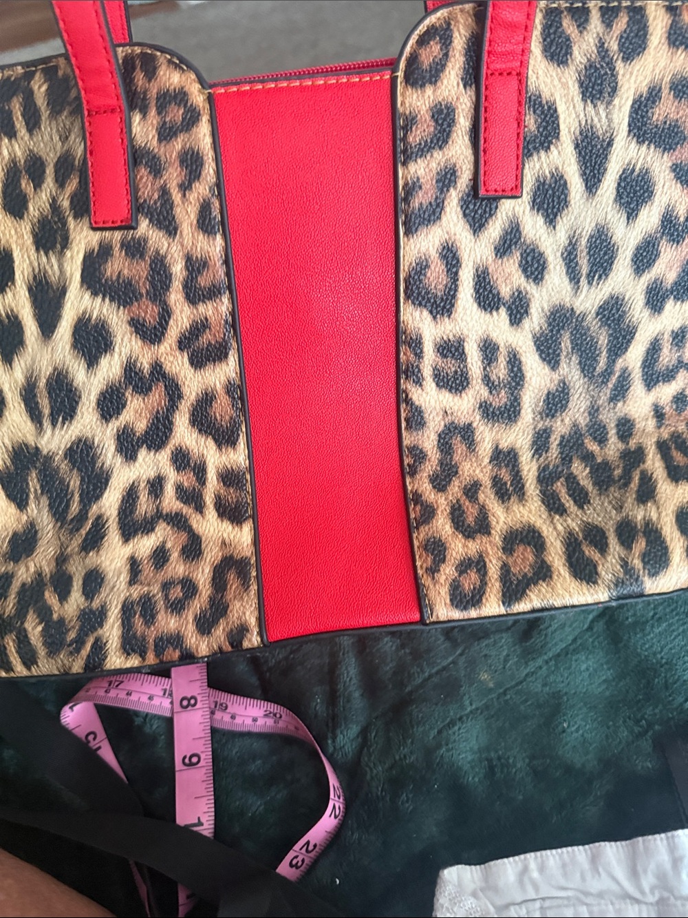 Leopard Print Tote with Red Center Panel and Straps